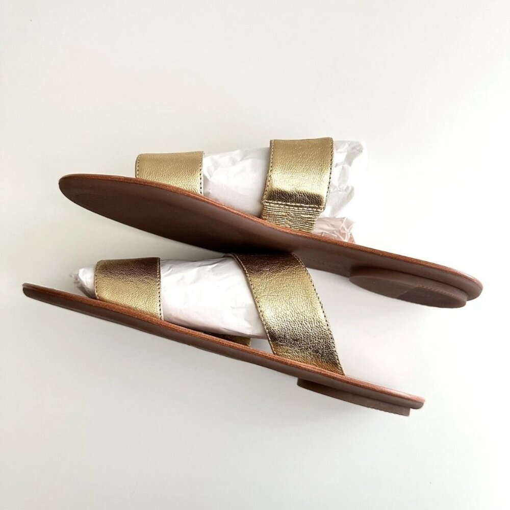 NEW LOEFFLER RANDALL Metallic Gold Leather Double Strap Flat Sandals Size 8 - Picture 5 of 7
